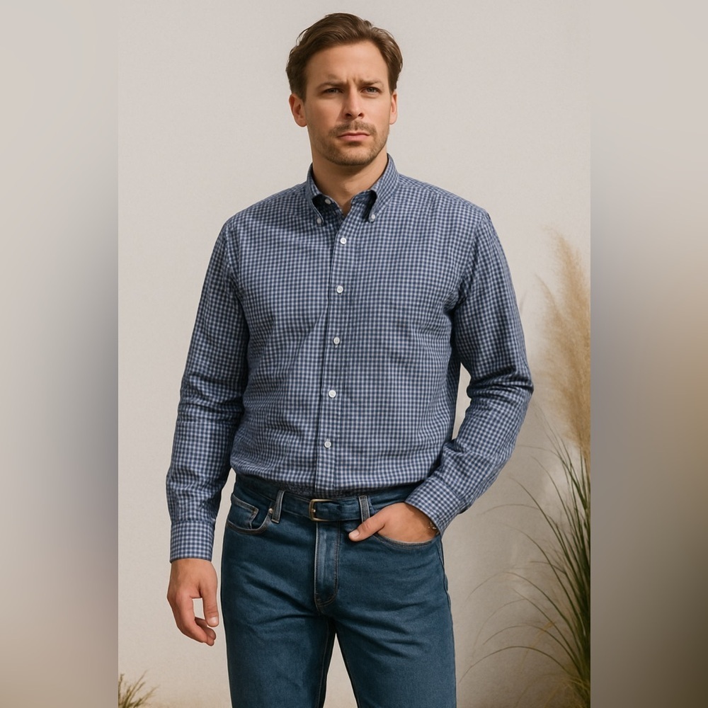 Lauren Ralph Lauren Blue Gingham Non Iron Shirt 34 17.5 Preppy Coastal Men’s